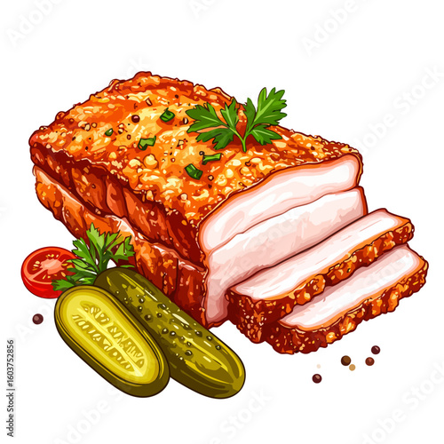 Savory sliced pork belly with a spiced, crispy rind, garnished with fresh parsley, pickles, and tomato.