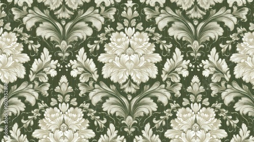 vintage floral damask pattern in sage green and cream, classic wallpaper