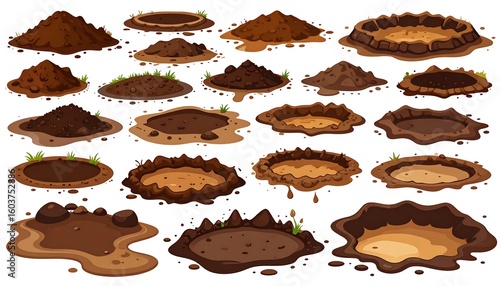 Collection of Cartoon Soil, Piles of Dirt and Mud Holes for Farm Illustration