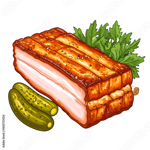 Savory roasted pork belly slab with crispy seasoned skin, pickles, and parsley garnish.