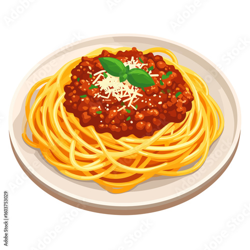 A delicious plate of spaghetti bolognese with rich meat sauce, grated parmesan cheese, and a fresh basil garnish.