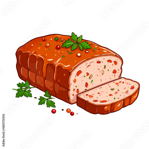 Savory illustrated meatloaf with a shiny glaze, sliced to show vegetables, garnished with parsley.