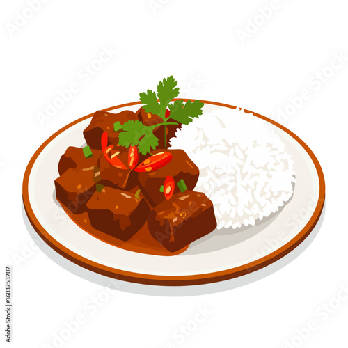 Savory cubed meat stew in a rich brown sauce with rice, garnished with red chili and fresh cilantro on a plate.