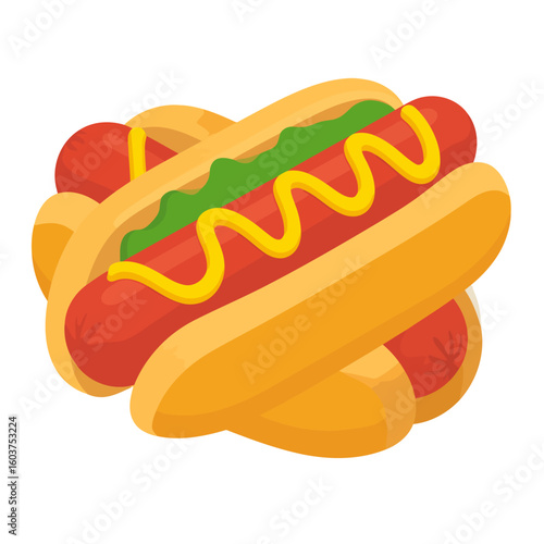 Two classic American hot dogs in buns, topped with yellow mustard and green relish, in a flat vector style.