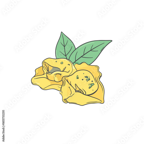 Stylized illustration of two yellow tortellini dumplings garnished with herbs and fresh basil leaves.