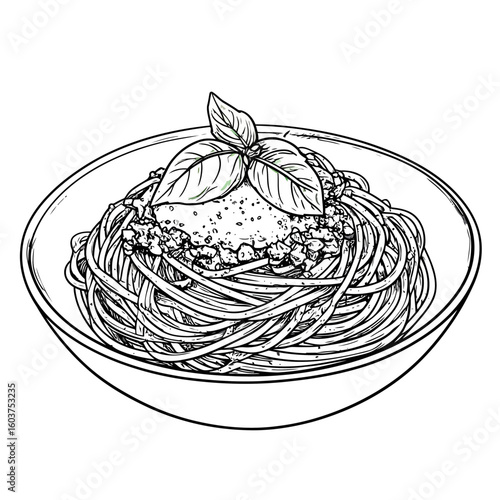 A detailed monochrome line art illustration of spaghetti bolognese in a bowl, topped with fresh basil.