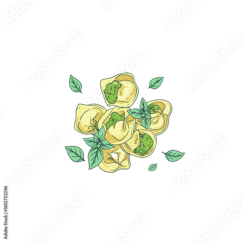 Hand-drawn illustration of tortellini pasta with green pesto filling and fresh basil leaves.