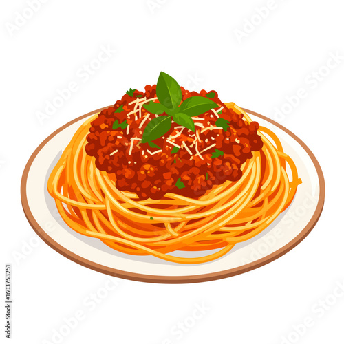 Classic spaghetti bolognese with rich meat sauce, grated parmesan cheese, and a fresh basil garnish on a white plate.