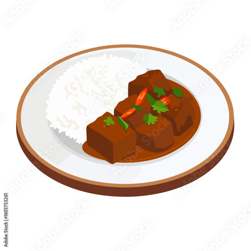 Spicy beef curry with steamed rice, garnished with red chili and cilantro on a white plate.