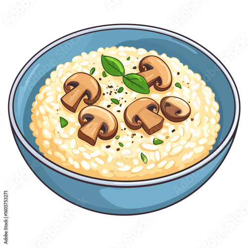 A cartoon illustration of creamy mushroom risotto in a blue bowl, garnished with fresh basil and black pepper.