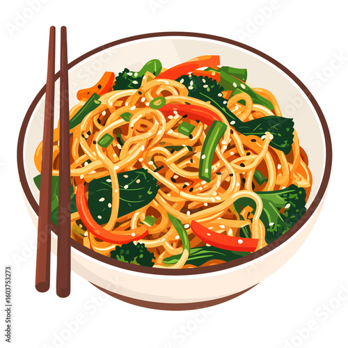 Vibrant Asian noodle stir-fry in a bowl with broccoli, peppers, and sesame seeds.