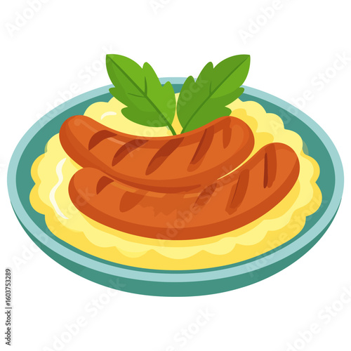 A cartoon illustration of two grilled sausages with char marks on a bed of creamy mashed potatoes, garnished with fresh parsley.