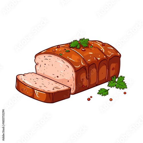 Cartoon illustration of a glazed meatloaf, sliced and garnished with fresh parsley and peppercorns.
