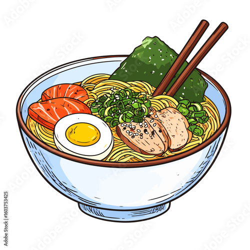 Vibrant illustration of a Japanese ramen bowl with salmon, chicken, egg, and nori toppings.