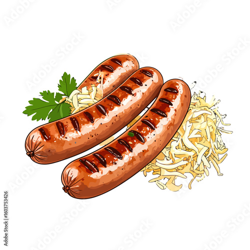Appetizing grilled sausages with dark char marks, served on sauerkraut with a parsley sprig.