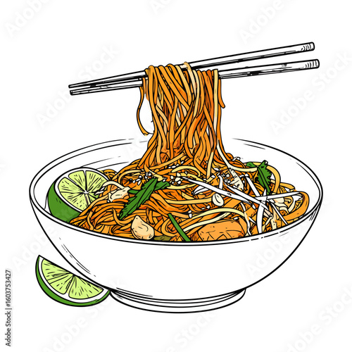 Line art illustration of a savory bowl of Pad Thai noodles with chopsticks and lime.