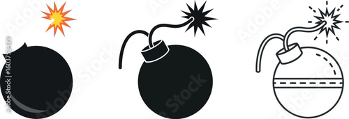 Three bomb illustrations each with a different design and style on a white background in a vector image