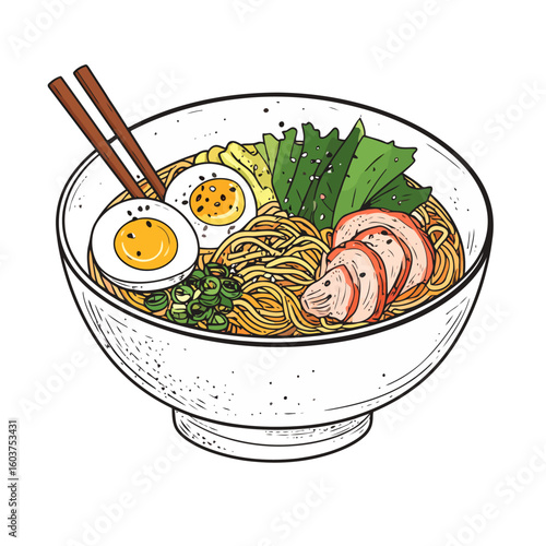 Detailed hand-drawn illustration of a Japanese ramen bowl with chashu pork, soft-boiled eggs, and fresh greens.