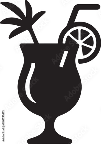 Silhouette vector of a tropical cocktail in a glass with straw and garnish. Great for summer and party designs.