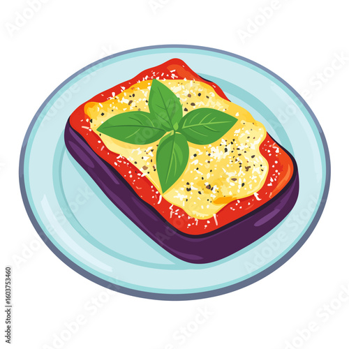 Illustrated baked eggplant parmigiana with melted cheese, tomato sauce, and fresh basil garnish.