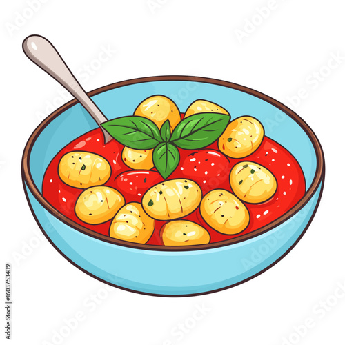 A vibrant cartoon bowl of potato gnocchi in rich tomato sauce, garnished with fresh basil and served with a spoon.