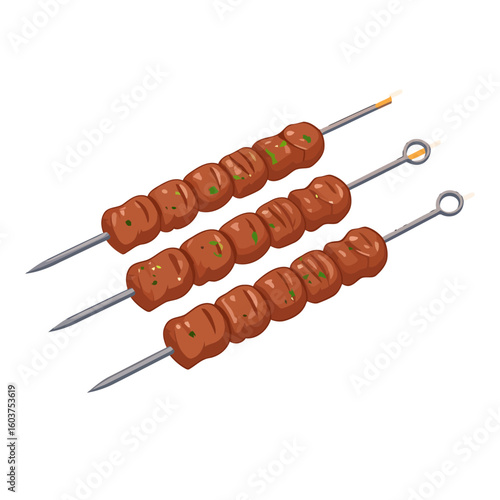 Three Juicy Grilled Meat Kebabs on Metal Skewers, Seasoned with Green Herbs
