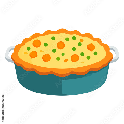 Savory shepherd's pie illustration with a golden wavy crust, peas, and carrots in a teal casserole dish.