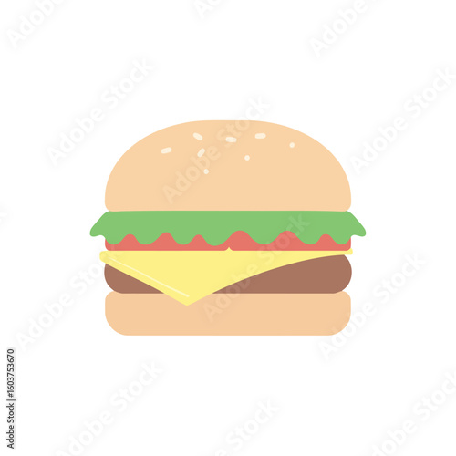 Simple flat design cheeseburger icon with sesame seeds, lettuce, tomato, and melted cheese.