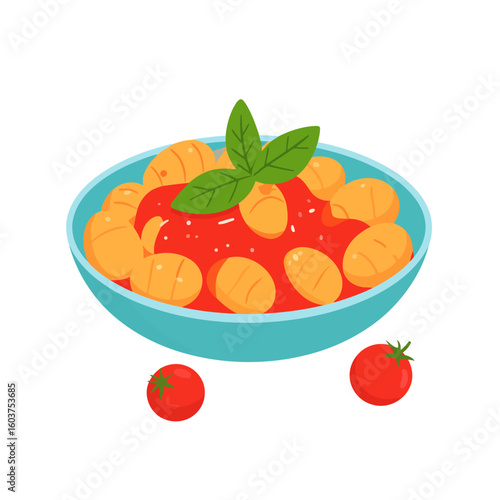 Cartoon illustration of a blue bowl of potato gnocchi with tomato sauce and basil.