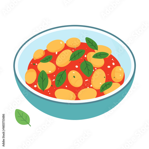 Vibrant cartoon illustration of a bowl of beans in tomato sauce, garnished with fresh green basil leaves.