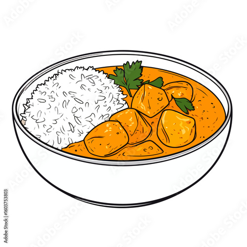Hand-drawn bowl of vibrant orange curry with meat chunks, fluffy white rice, and a fresh parsley garnish.