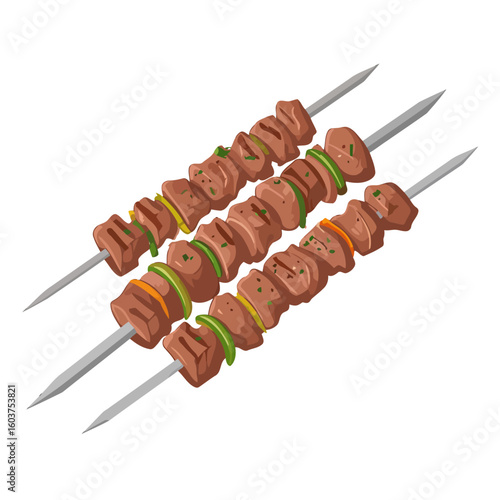 Three delicious grilled meat kebabs on metal skewers with bell peppers and herbs.