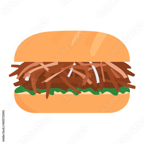 A stylized illustration of a pulled pork sandwich with shredded meat and lettuce on a soft, long bun.