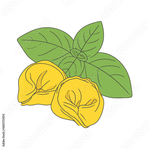 Stylized illustration of two yellow tortellini pasta dumplings with fresh green basil leaves.