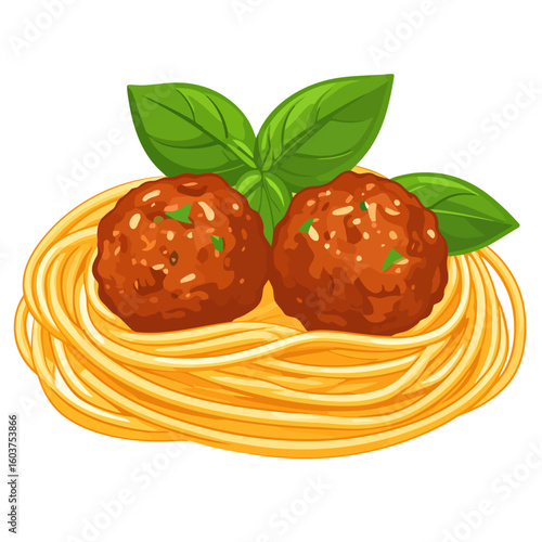 Illustrated nest of spaghetti pasta with two savory meatballs and a fresh basil sprig.
