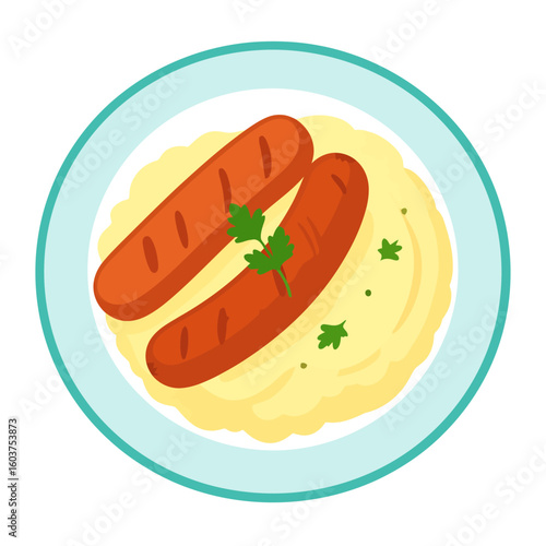 Top-down illustration of two grilled sausages on creamy mashed potatoes, garnished with fresh parsley.