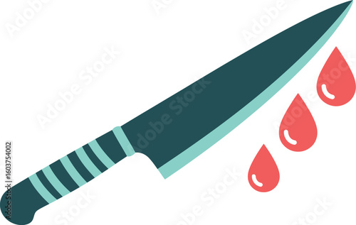 A teal knife with a striped handle and three red blood droplets falling from the blade on white background