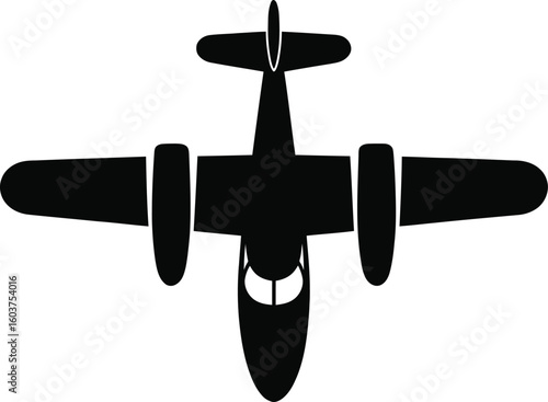 Silhouette of a twin engine propeller aircraft viewed from directly above