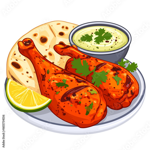 Illustrated Tandoori chicken platter with grilled drumsticks, naan bread, and creamy raita dip.