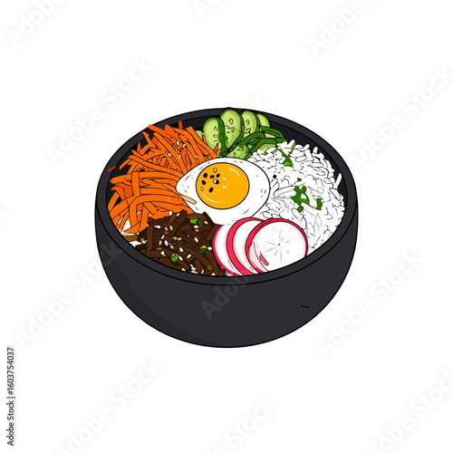 Vibrant illustration of a Korean Bibimbap bowl with a fried egg, rice, and fresh vegetables.