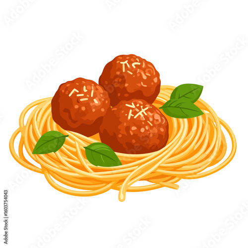 A stylized illustration of spaghetti forming a nest for three meatballs, garnished with parmesan cheese and fresh basil leaves.