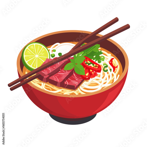 A red bowl of Vietnamese beef noodle soup, Pho Bo, with rare beef, lime, chili, and fresh herbs, with chopsticks resting on top.