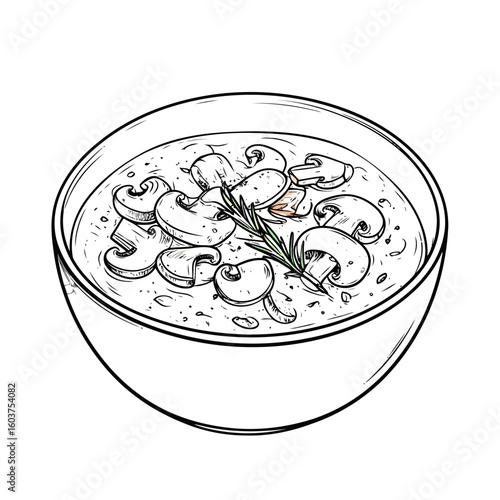 Hand-drawn creamy mushroom soup in a bowl, topped with sliced mushrooms and a rosemary garnish.