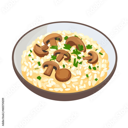 A delicious bowl of creamy mushroom risotto garnished with sliced brown mushrooms and fresh parsley.