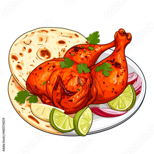 Illustrated Tandoori chicken platter with naan bread, fresh lime, and cilantro garnish.
