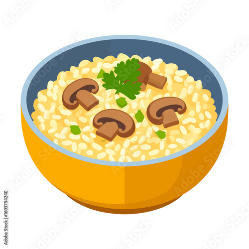 Creamy mushroom risotto with fresh parsley garnish in a yellow bowl.