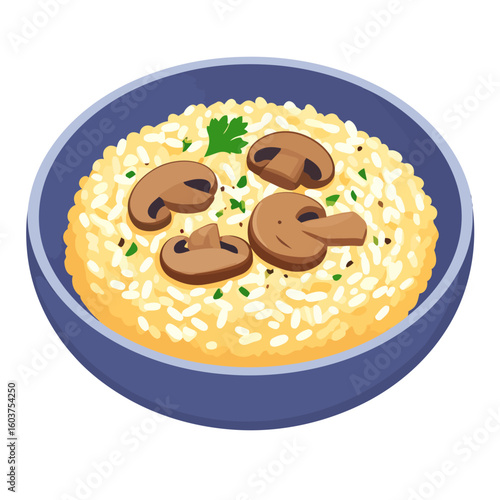 A savory bowl of creamy mushroom risotto with sliced champignons and fresh parsley.