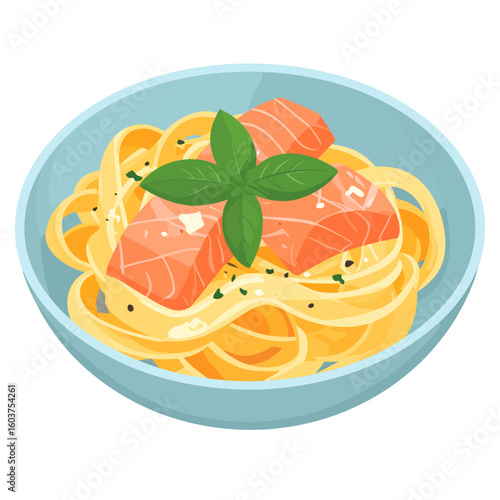 Illustrated bowl of fettuccine pasta with salmon chunks, parmesan, and a fresh basil sprig.