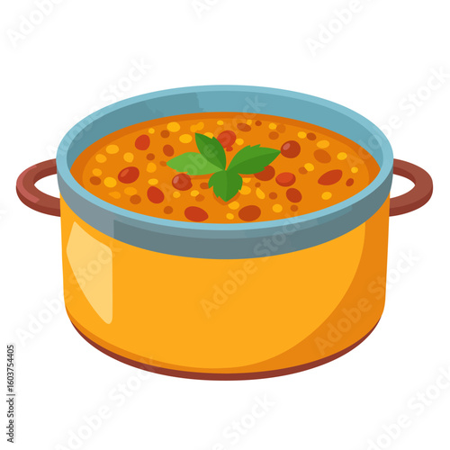 Yellow cooking pot with a blue rim, full of hearty bean soup garnished with a fresh green herb sprig.