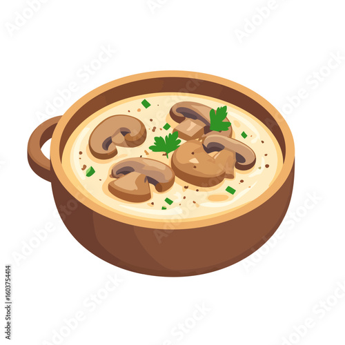 A rustic brown bowl of creamy mushroom soup with sliced champignons and fresh herbs.